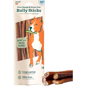 image:imageWOOF Bully Sticks Dog Treats  Chew Sticks for Dogs  LongLasting Dog Chew Treats  Made with FreeRange GrassFed Beef  6 Sticks  10pk12 Inch Pack of 5